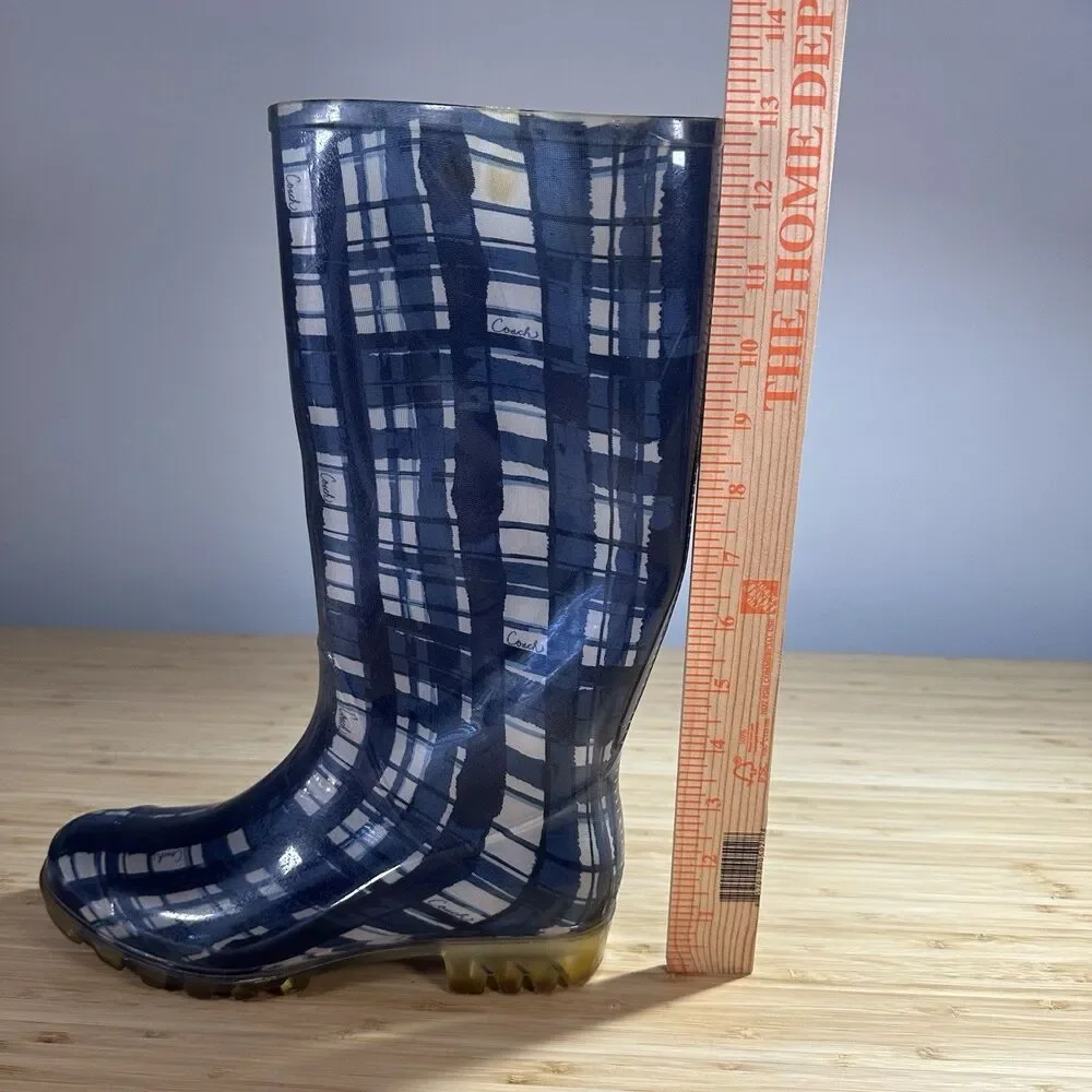 Coach Plaid Women Rain Boots Rubber Tall Size 6 Designer Lined Weather Outdoors